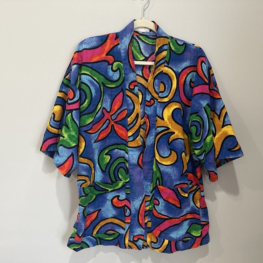 Vintage Kai Nani Hawaiian Open Cardigan Abstract Artsy‎ Bright Colorful Rare EUC